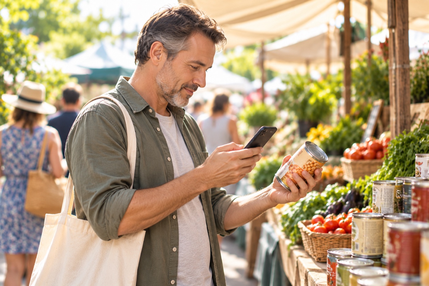 A man scanning a can at an outdoor food market