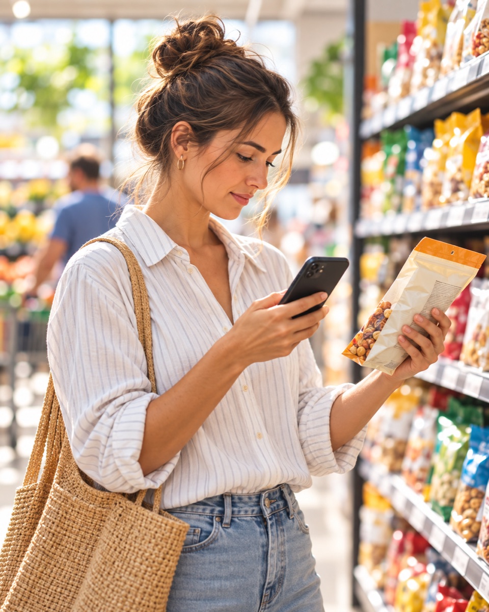 A woman scanning a snack packet in a supermarket