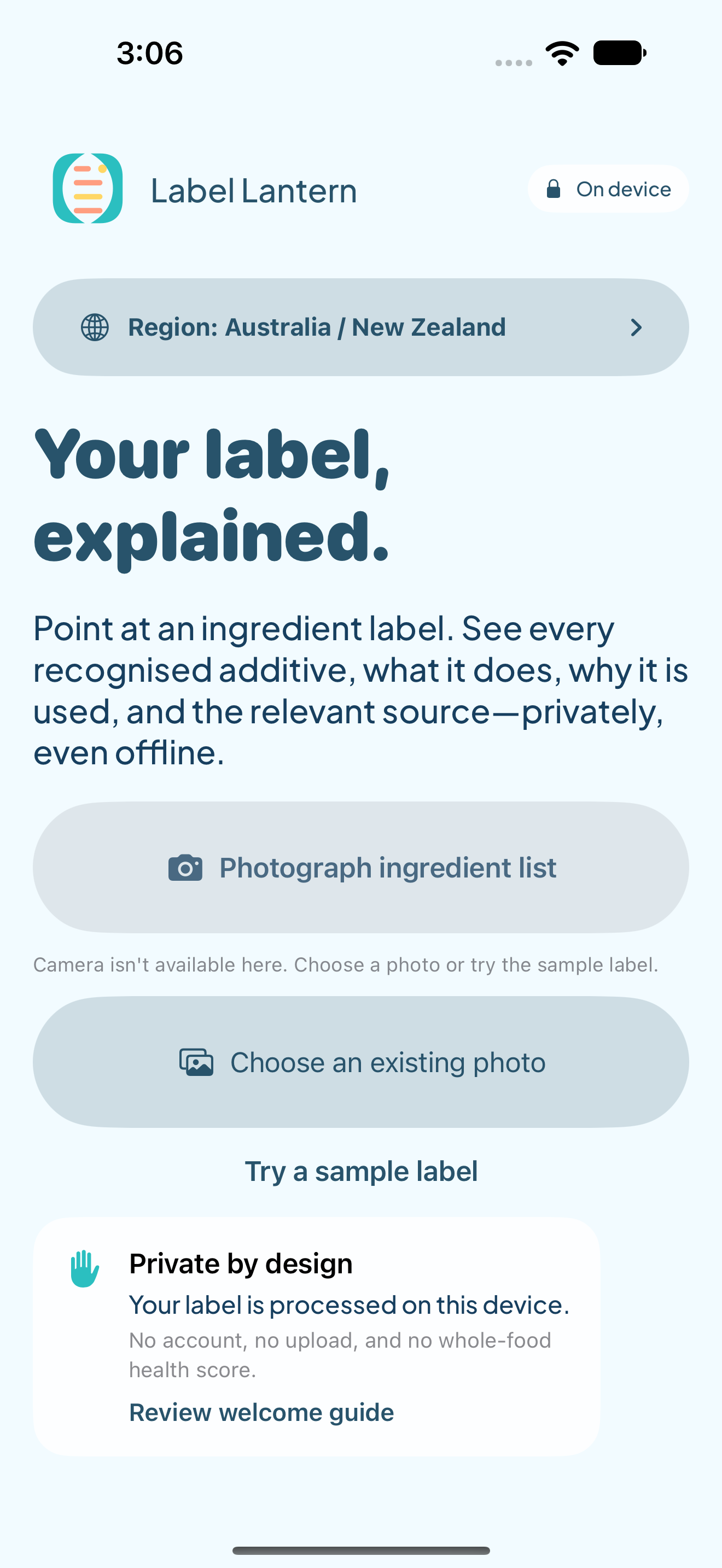 Label Lantern scanner home with camera and photo-library choices