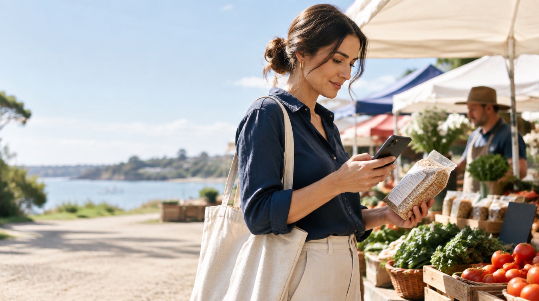 A shopper checking a packaged food label with her phone at a bright outdoor market
