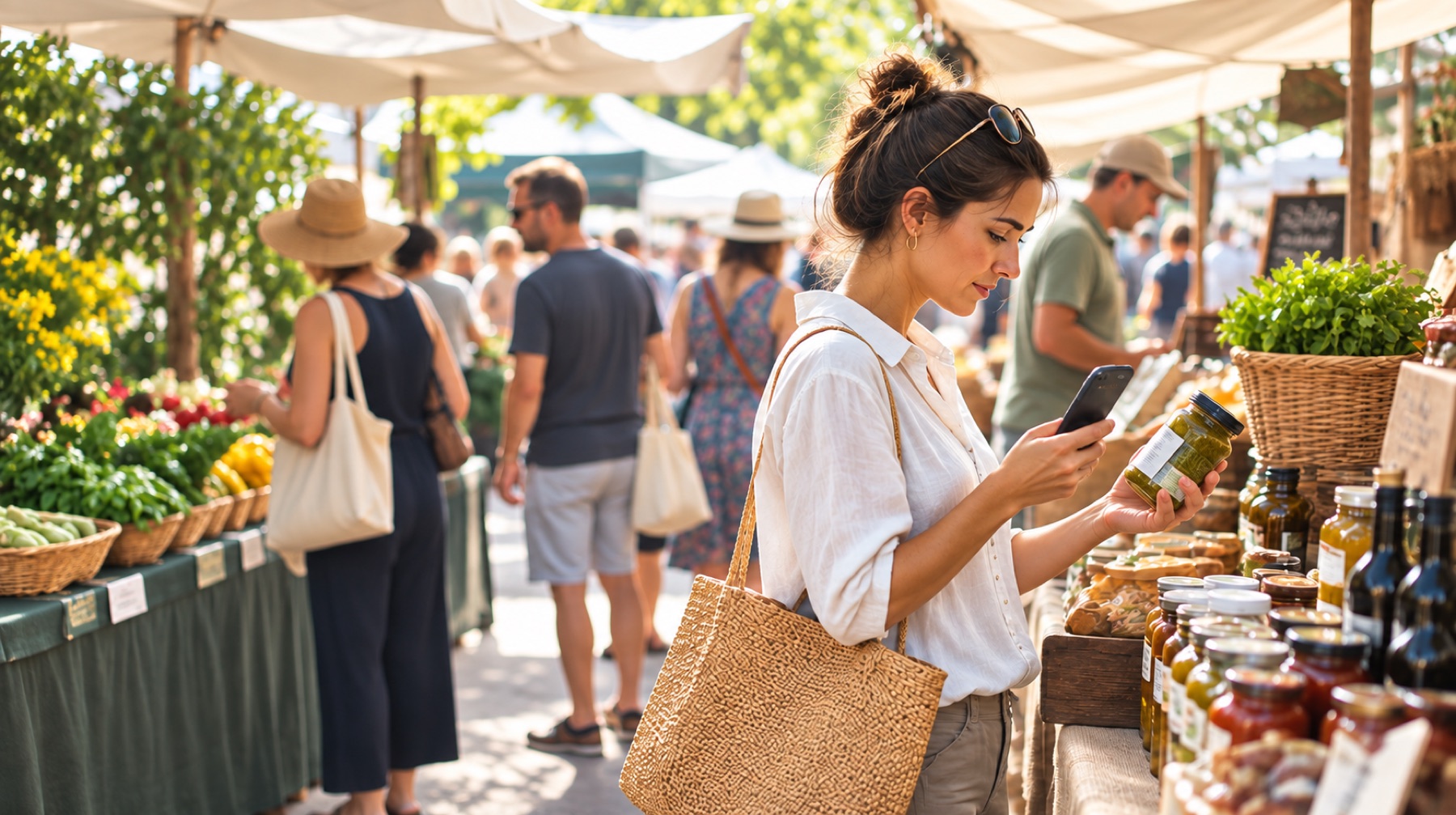 A woman checking the label on a jar with her phone at a sunlit food market